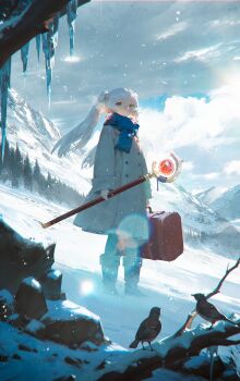 1girl absurdres bird blue_scarf closed_mouth cloud coat commentary earrings elf frieren green_eyes highres holding holding_staff holding_suitcase ice icicle jewelry long_hair looking_at_viewer mage_staff mountain outdoors parted_bangs pointy_ears scarf shiomi_(lowrise) snow solo sousou_no_frieren staff suitcase teardrop_earrings tree twintails white_coat white_hair