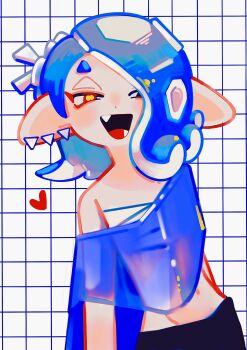 Rule 34 | 1girl, aluy01, blue hair, capelet, chest sarashi, cowboy shot, ear piercing, facing viewer, fangs, grid background, heart, navel, nintendo, octoling, open mouth, piercing, pointy ears, red eyes, sarashi, shiver (deep cut outfit) (splatoon), shiver (splatoon), smile, solo, splatoon (series), splatoon 3, tentacle hair