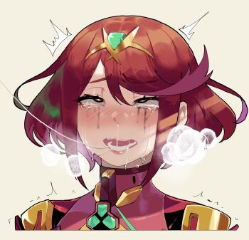 1girl after_kiss ahegao bad_id bad_twitter_id chest_jewel crying drooling highres lips makeup mascara mind_break nintendo nyantcha open_mouth pale_skin portrait pyra_(xenoblade) red_eyes red_hair rolling_eyes runny_makeup saliva saliva_trail short_hair solo swept_bangs tears teeth tiara tongue xenoblade_chronicles_(series) xenoblade_chronicles_2