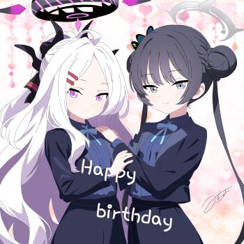 Rule 34 | 2girls, ahoge, black hair, blue archive, breasts, butterfly hair ornament, commentary request, demon girl, demon horns, double bun, hair bun, hair ornament, happy birthday, heart, highres, hina (blue archive), horns, kisaki (blue archive), long hair, looking at viewer, mi-blue-a, multiple girls, purple eyes, small breasts, very long hair, white hair