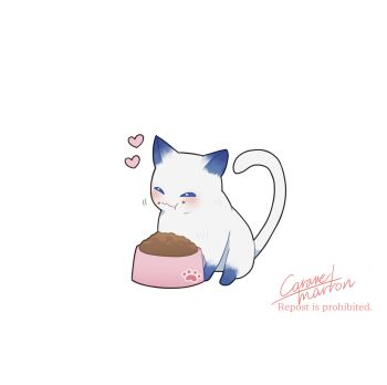 Rule 34 | bowl, caramelmarron, cat, chibi, chibi only, highres, missing commentary, no humans, pet bowl, pet food, signature, simple background, solo, white background, white cat, wuthering waves