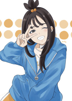 1girl absurdres black_hair blue_hoodie choker commentary_request cube_hair_ornament earclip grin hair_ornament hand_up highres hood hood_down hoodie lida_(pokemon) long_hair looking_at_viewer nintendo one_eye_closed pokemon pokemon_legends:_z-a shirt sidelocks signature smile solo teeth topknot v white_background white_choker white_shirt yucha_(k_yu313) zipper_pull_tab