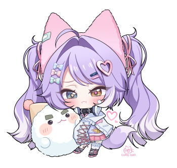 1girl absurdres ahoge artist_name bandaid bandaid_on_cheek bandaid_on_face black_choker blue_bow blue_eyes blue_sweater blush bow bun_cover charachan900 chibi chibi_only choker closed_mouth double_bun fang fox_girl fox_tail frilled_thighhighs frills green_bow hair_bow hair_bun hair_ornament hair_ribbon hairclip headphones headphones_around_neck heart heart_hair_ornament heterochromia highres inari_(tenko_shibuki) jacket mismatched_pupils multiple_hair_bows open_clothes open_jacket pink_bow pink_skirt pleated_skirt pout purple_hair red_pupils ribbon shoes simple_background single_thighhigh skirt sleeves_past_fingers sleeves_past_wrists stellive sweater tail tenko_shibuki thighhighs twintails virtual_youtuber white_background white_jacket yellow_eyes yellow_pupils