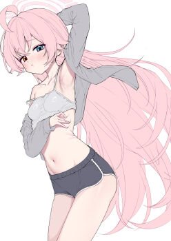 1girl :t ahoge arm_behind_head armpits blue_archive breasts camisole clothes_lift collarbone commentary cowboy_shot dolphin_shorts gluteal_fold grey_jacket groin halo heterochromia highres hoshino_(blue_archive) jacket long_hair metaljelly navel off_shoulder pink_hair pink_halo shirt_lift shorts simple_background small_breasts solo symbol-only_commentary thighs white_background