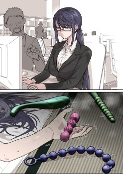 1boy 1girl after_masturbation anal_beads business_suit dildo expressionless female_masturbation formal_clothes glasses highres implied_after_masturbation implied_masturbation masturbation office_lady original ponytail sex_toy steam steaming_body suit sweat sweatdrop tatsuwaipu