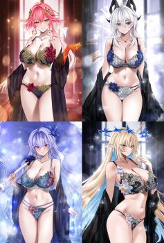 4girls absurdres ahoge bare_legs bare_shoulders black_bra black_horns black_panties black_robe black_shoes blonde_hair blue_bra blue_eyes blue_flower blue_hair blue_nails blue_panties blurry blurry_background blush body_markings bra braid breasts bright_pupils cantarella_(wuthering_waves) changli_(wuthering_waves) cleavage closed_mouth clothes_down collarbone colored_extremities commentary cowboy_shot crown_of_thorns curled_horns earrings embroidered_bra facial_mark fingernails fleurdelys_(wuthering_waves) floating_earrings flower full_body groin hair_between_eyes hair_extensions hair_flower hair_ornament hand_up hashtag-only_commentary high_heels highres holding holding_umbrella horns huge_breasts indoors jewelry key_earrings large_breasts legs lingerie long_hair long_horns looking_at_viewer m_(1n910) mark_under_eye merchandise_available mole mole_on_breast mole_under_eye multicolored_hair multiple_girls nail_polish navel necklace open_clothes open_robe orange_eyes orange_nails panties parasol parted_lips pink_hair pointy_ears purple_hair purple_nails purple_umbrella red_eyes red_hands ring_hair_extensions robe sample_watermark see-through_robe shoes sidelocks simple_background single_horn smile stomach tachi-e thigh_gap thighs twin_braids twitter_username two-tone_hair umbrella underwear very_long_hair watermark white_background white_bra white_hair white_panties white_pupils wuthering_waves yellow_horns zani_(wuthering_waves)