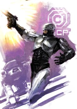 Rule 34 | 1boy, absurdres, aiming, armor, auto-9, battle, burst fire gun, burst fire pistol, cyberpunk, cyborg, firing, gun, handgun, helmet, highres, logo, machinery, manly, mecha, naratani, non-humanoid robot, ocp, pistol, realistic, robocop, robocop (character), robot, science fiction, submachine gun, walker (robot), weapon