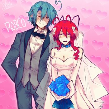 1boy 1girl antenna_hair bare_shoulders black_bow black_bowtie black_jacket black_pants blue_collar blue_flower blue_hair blue_ribbon blush bow bowtie breasts buttons closed_mouth collar collarbone collared_shirt colored_skin dress flower funamusea grey_vest hair_flower hair_ornament hand_in_pocket heart heart_background hetero highres hijoushiki_roc jacket large_breasts lobco_(funamusea) lobster_girl looking_at_another oounabara_to_wadanohara open_mouth pants pointy_ears red_eyes red_hair ribbon sam_(sillylinariafan) shaded_face shirt signature smile sweat vest wavy_hair wedding_dress white_dress white_flower white_shirt white_skin
