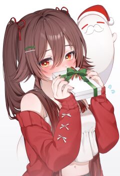 1girl anko_(kimt140n) blush boo_tao_(genshin_impact) box breasts brown_hair cardigan commentary_request crop_top flower-shaped_pupils genshin_impact gift gift_box hair_between_eyes hair_ornament hair_ribbon hairclip highres holding holding_box holding_gift hu_tao_(genshin_impact) jacket long_hair long_sleeves midriff navel red_eyes red_jacket red_ribbon ribbon shirt solo symbol-shaped_pupils twintails white_shirt