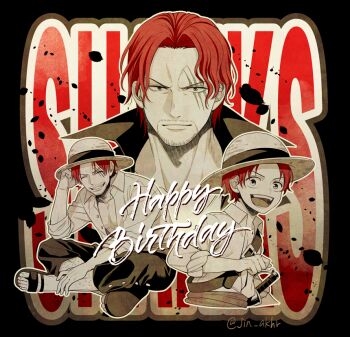 1boy beard connected_beard facial_hair grin happy happy_birthday hat jin_akhr leg_hair looking_at_viewer male_focus multiple_views one_piece red_hair sandals scar scar_across_eye scar_on_face shanks_(one_piece) short_hair sitting smile spot_color straw_hat sword toenails twitter_username weapon