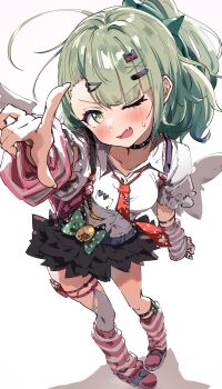 Rule 34 | 1girl, absurdres, aqua nails, arm warmers, bandaid, bandaid hair ornament, black skirt, blush, breasts, collar, collarbone, commentary request, fang, frilled sleeves, frills, fur-trimmed skirt, fur trim, green eyes, green hair, hair ornament, heart, heart hair ornament, highres, kuno (kc9s), leg warmers, looking at viewer, multiple hair clips, necktie, one eye closed, open mouth, pink arm warmers, pink bag, pink leg warmers, pink shoes, ponytail, red necktie, shirt, shoes, skirt, small breasts, solo, striped arm warmers, striped leg warmers, sunna (zenless zone zero), sweat, v-shaped eyebrows, white shirt, white wings, winged bag, wings, zenless zone zero