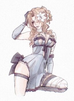1girl aerith_gainsborough aerith_gainsborough_(garb_of_the_possessed) bandaged_arm bandaged_leg bandaged_neck bandages black_gloves blue_negligee blue_sleeves blush braid braided_hair_rings breasts cleavage commentary cosplay english_commentary final_fantasy final_fantasy_vii final_fantasy_vii:_ever_crisis flower gloves hair_flower hair_ornament hair_over_one_eye hair_rings half-closed_eyes hand_in_own_hair highres kaine_(nier) kaine_(nier)_(cosplay) lingerie medium_breasts negligee official_alternate_costume panties parted_bangs parted_lips shanlieart sidelocks single_bare_shoulder solo thigh_strap underboob underwear upper_body white_background white_flower white_panties