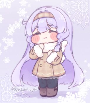 1girl black_thighhighs blush_stickers brown_hairband brown_shoes chibi chibi_only closed_eyes closed_mouth coat commentary_request hairband long_hair purple_hair shoes solo standing thighhighs trickcal twitter_username very_long_hair yagami_yu yomi_(trickcal)