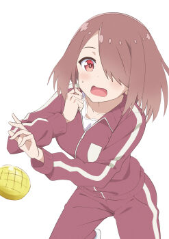 1girl absurdres artist_request bad_id bad_pixiv_id blush bread brown_hair cowboy_shot food hair_over_one_eye hands_up highres hoshino_miyako_(wataten) jacket long_sleeves melon_bread open_mouth pants red_eyes red_jacket red_pants short_hair simple_background solo sweatdrop track_jacket track_pants track_suit watashi_ni_tenshi_ga_maiorita! white_background zipper