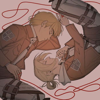 1boy 1girl annie_leonhart arm_behind_head armin_arlert blonde_hair brown_jacket closed_eyes collared_shirt cropped_jacket hair_rings highres hood hood_down hoodie jacket jacket_over_hoodie jewelry jorlerx medium_hair pants parted_bangs pink_background ring shingeki_no_kyojin shirt short_hair string string_of_fate survey_corps_(emblem) three-dimensional_maneuver_gear twitter_username updo upper_body white_hoodie white_pants white_shirt