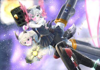 2girls angry animal_ears black_pantyhose black_skirt blue_jacket cat_ears cat_girl cat_tail commentary_request eila_ilmatar_juutilainen firing flying fox_ears fox_girl fox_tail green_eyes grey_hair gun highres holding holding_gun holding_weapon jacket keyboardnoob long_hair looking_at_another machine_gun mg42 military military_uniform multiple_girls necktie night outdoors pantyhose rocket_launcher sanya_v._litvyak shell_casing shirt short_hair skirt sky star_(sky) starry_sky strike_witches striker_unit tail weapon white_hair white_pantyhose white_shirt world_witches_series
