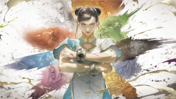 2girls 6+boys akuma_(street_fighter) beard black_hair blanka bracelet cammy_white capcom chinese_clothes chun-li crossed_arms double_bun facial_hair hair_bun hair_ribbon headband highres hood jamie_siu jewelry jp_(street_fighter) looking_at_viewer m._bison multiple_boys multiple_girls official_alternate_costume official_art paint promotional_art rashid_(street_fighter) ribbon ryu_(street_fighter) serious street_fighter street_fighter_6 zangief