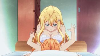 2010s 2girls animated animated_gif arisugawa_reiko between_breasts blonde_hair blush bra breast_smother breasts cleavage face_between_breasts face_to_breasts hair_ornament head_between_breasts large_breasts long_hair lying multiple_girls ore_ga_ojou-sama_gakkou_ni_"shomin_sample"_toshite_rachirareta_ken tenkuubashi_aika underwear