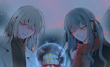 Rule 34 | 2girls, ave mujica (bang dream!), bang dream!, bang dream! it's mygo!!!!!, black jacket, black ribbon, black sweater, blonde hair, blush, commentary, hair between eyes, hair ribbon, jacket, maybecrosswise, medium hair, misumi uika, multiple girls, open clothes, open jacket, open mouth, parted lips, purple eyes, red scarf, ribbon, scarf, sidelocks, smile, snow globe, sweater, togawa sakiko, wakaba mutsumi, white jacket, winter clothes, yahata umiri, yellow eyes, yuutenji nyamu