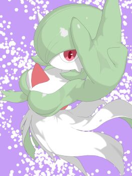 Rule 34 | 1girl, arm up, armpits, bob cut, breasts, colored skin, female focus, from above, full body, gardevoir, gen 3 pokemon, green hair, green skin, hair over one eye, large breasts, looking at viewer, looking up, multicolored skin, nintendo, no feet, no mouth, one eye covered, outstretched arm, pokemon, pokemon (creature), purple background, red eyes, short hair, solo, standing, sunny day (pixiv 1052309), two-tone skin, white skin