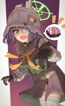 1girl absurdres animal_ears bandage_over_one_eye bandaged_leg bandages black_gloves black_hair black_serafuku black_skirt blue_archive brain combat_helmet commentary container english_commentary fake_animal_ears ghost_pose gloves green_eyes green_halo halloween halloween_costume halo helmet highres image_in_speech_bubble looking_at_viewer neckerchief open_mouth rabbit_ears saki_(blue_archive) school_uniform serafuku short_hair skirt solo stahlhelm torn_clothes torn_neckerchief torn_skirt uber_(29131626) white_helmet yellow_neckerchief zombie_costume