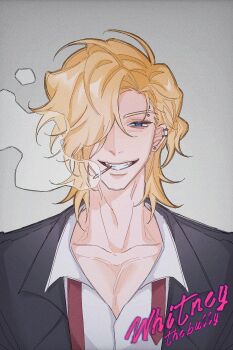 1boy black_jacket character_name degrees_of_lewdity earrings english_text eyebrow_piercing face_piercing grey_background hair_over_one_eye highres jacket jewelry long_hair looking_at_viewer mbao218 necktie open_clothes open_jacket piercing portrait red_necktie shirt simple_background smoking solo undone_necktie white_shirt whitney_(degrees_of_lewdity) whitney_(male)_(degrees_of_lewdity)