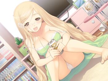 00s 1girl bare_shoulders barefoot blonde_hair blush book breasts brown_eyes can cleavage drink drunk fault!! feet game_cg glasses happy hayama_rika large_breasts long_hair looking_at_viewer open_mouth panties sitting smile television toes tony_taka underwear white_panties