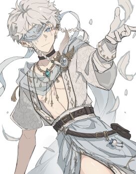 1boy abs absurdres aqua_gemstone bag belt black_choker blindfold blue_eyes blue_scarf braid brooch brown_belt chain choker colored_blindfold colored_eyelashes cowboy_shot eli_clark eli_clark_(white) facial_mark feathers floating_clothes floating_hair gem gloves gold_chain highres identity_v jewelry looking_at_viewer male_focus official_alternate_costume one_eye_covered pectorals pendant plunging_neckline satchel scarf see-through_clothes smile solo tunic twin_braids white_eyelashes white_feathers white_gloves white_hair white_tunic wkoneda