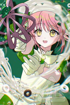 Rule 34 | 1girl, amulet spade, apron, chromatic aberration, commentary request, dress, gloves, green dress, hinamori amu, holding, holding whisk, korean commentary, lan lan, magical girl, open mouth, pink hair, puffy short sleeves, puffy sleeves, short sleeves, shugo chara!, sidelocks, smile, solo, twitter username, whisk, yellow eyes