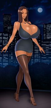 1girl akiranime animated animated_gif arms_at_sides bare_shoulders black_hair black_legwear blinking bodycon bouncing_breasts bracelet breasts brown_eyes brown_lips bursting_breasts city city_lights cityscape cleavage collarbone curvy dark-skinned_female dark_skin dress facial_mark female_focus full_body gold_bracelet grin high_heels highres huge_breasts impossible_clothes indian jewelry lips lipstick long_hair long_legs looking_at_viewer makeup microdress microskirt minidress miniskirt moon nail_polish natasha necklace night no_bra outdoors plant revealing_clothes shiny_skin sidewalk skirt smile solo teeth tight_clothes tight_dress walking wide_hips