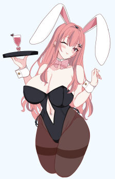 1girl absurdres alternate_costume animal_ears azur_lane black_leotard bow breasts bremerton_(azur_lane) brown_pantyhose cleavage clothing_cutout commentary_request detached_collar fake_animal_ears hair_down highleg highleg_leotard highres holding holding_tray huge_breasts leotard londom_(lonhomewell) mole mole_on_breast navel_cutout navel_piercing one_eye_closed pantyhose piercing pink_bow pink_eyes pink_hair playboy_bunny rabbit_ears simple_background solo thighband_pantyhose tongue tongue_out tray variant_set white_background white_wrist_cuffs wrist_cuffs