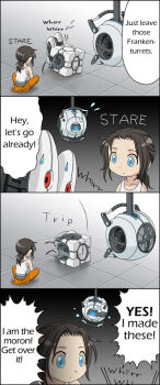 4koma aged_down alternate_language chell comic english_text frankenturret hard-translated portal portal_(series) portal_1 portal_2 staring sweatdrop third-party_edit translated uotapo wheatley