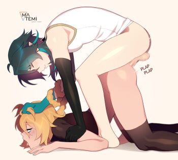 2boys aether_(genshin_impact) artist_name black_gloves blonde_hair blush bottomless braid braided_ponytail brown_shirt brown_thighhighs closed_eyes commentary elbow_gloves english_commentary eyelashes from_side genshin_impact gloves grabbing_another's_hair green_hair highres holding_another's_hair looking_at_viewer male_focus matemi motion_lines multiple_boys open_mouth pointy_ears sex sex_from_behind shirt short_sleeves sleeveless sleeveless_shirt sound_effects thighhighs top-down_bottom-up uncensored white_shirt xiao_(genshin_impact) yaoi