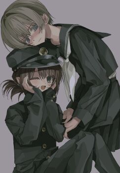 1girl 1other black_jacket black_sailor_collar black_serafuku blonde_hair blue_eyes blush brown_hair buttons crossdressing crossdressing_(ftm) crossdressing_(mtf) embarrassed fangs gakuran grey_background hair_bun highres jacket long_sleeves looking_at_viewer ludo_(grapewood1005) mamiya_takuji neckerchief one_eye_closed pleated_skirt sailor_collar school_uniform serafuku short_hair simple_background single_hair_bun skirt sleeves_past_wrists smile subarashiki_hibi tachibana_kimika white_neckerchief