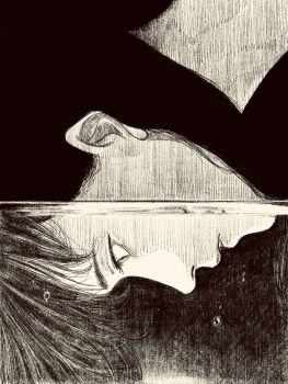 1girl air_bubble black_hair black_outline bubble close-up greyscale highres long_hair looking_down monochrome original outline partially_submerged solo tp_p_pt water