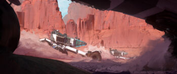 absurdres blue_sky canyon cliff commentary day driving dust english_commentary felixriano highres light_rays motor_vehicle original painterly radio_antenna scenery science science_fiction shadow sky