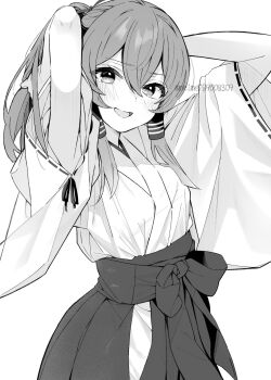 1girl blonde_hair blush clothing_cutout hair_tubes hakama hands_in_own_hair highres hip_vent japanese_clothes kosode long_hair long_sleeves looking_at_viewer meimei_(meimei89008309) miyadeguchi_mizuchi miyadeguchi_mizuchi_(human) monochrome open_mouth ponytail smile solo touhou twitter_username white_background