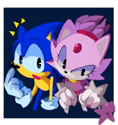 Rule 34 | 1boy, 1girl, animal ears, black eyes, blaze the cat, blue fur, cat ears, cat girl, cat tail, forehead jewel, fur-trimmed gloves, fur trim, furry, furry female, furry male, gloves, highres, legochet, open mouth, ponytail, purple fur, simple background, sonic (series), sonic the hedgehog, tail, white gloves