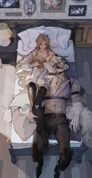 2boys animal_ears artist_collaboration bite_mark bite_mark_on_shoulder blonde_hair book claws closed_eyes colored_tips commentary english_commentary furry furry_male grey_pants highres holding holding_book hugo_vlad lamp lying male_focus multicolored_hair multiple_boys mupdoots on_back on_bed open_book pants prosthesis prosthetic_leg rui717_z shirt von_lycaon white_shirt wolf_boy wolf_ears yaoi zenless_zone_zero