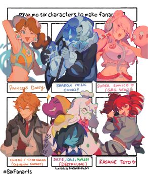 1other 3boys 4girls animal_ears animal_hands blue_eyes blue_hat blue_skin breasts brown_hair character_name chef_hat colored_skin cookie_run cookie_run:_kingdom crop_top drill_hair earrings english_text flower_earrings fried_egg furry furry_female furry_male glasses gloves goat_boy goat_ears goat_horns grey_shirt hat headphones highres horns humanization jester_cap jewelry kasane_teto kris_(cooking_show)_(deltarune) kris_(dark_world)_(deltarune) kris_(deltarune) long_sleeves mararu mario_(series) mini_hat multiple_boys multiple_drawing_challenge multiple_girls navel nintendo nitroplus one_eye_closed open_mouth orange_hair paw_gloves pink_hair pink_horns ponytail princess_daisy puffy_long_sleeves puffy_sleeves ralsei ralsei_(cooking_show) red_eyes red_hair shadow_milk_cookie shirt six_fanarts_challenge smile super_sonico susie_(cooking_show)_(deltarune) susie_(dark_world)_(deltarune) susie_(deltarune) tartaglia_(genshin_impact) twin_drills utau white_hair white_hat