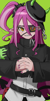 1girl absurdres belt beret black_belt black_jacket buttons cracking_knuckles cropped_jacket double-parted_bangs eyepatch green_background green_horns grin hair_between_eyes hat high_collar highres horned_hat horns hyow jacket jewelry long_hair long_sleeves mini_hat multicolored_hair nail_polish one_side_up original own_hands_together parted_lips pink_hair pink_nails pinky_ring pointy_ears purple_hair ring sharp_teeth shirt short_sleeves simple_background sketch smile solo streaked_hair teeth tsurime upper_body white_shirt yellow_eyes