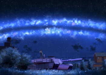 1girl absurdres arm_at_side black_hair building chinese_commentary cloud commentary_request dress field grass grey_dress grey_shirt gun hand_up highres military_vehicle milky_way motor_vehicle night original outdoors scenery school_uniform shirt short_hair sky sky_focus solo standing star_(sky) starry_sky tank tree weapon weapon_request wide_shot yuki42