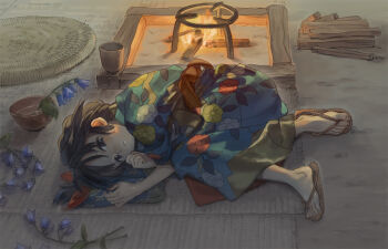 Rule 34 | 1girl, backlighting, bowl, brown eyes, brown hair, fire, floral print, flower, full body, hair ribbon, hand on own cheek, hand on own face, indoors, irori (hearth), japanese clothes, kimono, log, long sleeves, looking at viewer, lying, morning glory, on side, one side up, original, purple flower, red ribbon, ribbon, sad, sandals, sash, solo, stove, tatami, water, yk (tnkau), yukata, zouri