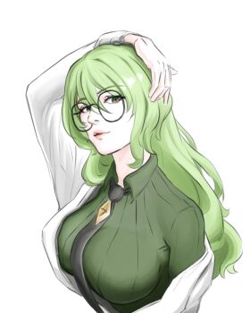 1girl black_necktie breasts coat collared_shirt commentary dated_commentary dyadyadya glass green_shirt highres honkai_(series) honkai_impact_3rd lab_coat large_breasts looking_at_viewer mobius_(honkai_impact) mobius_(pre-surgery)_(honkai_impact) necktie parted_lips round_eyewear shirt simple_background slit_pupils solo upper_body white_background white_coat