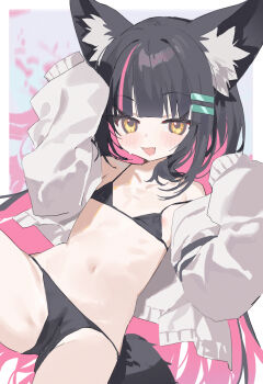 1girl animal_ears areola_slip bikini black_bikini black_hair commentary commission flat_chest highres measho multicolored_hair navel original pink_hair solo swimsuit tail