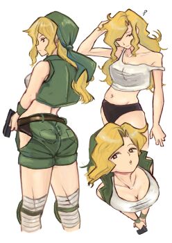 1girl ahoge bandana belt black_panties blonde_hair breasts brown_belt brown_eyes cleavage collarbone from_above from_behind green_bandana green_jacket green_shorts gun handgun highres holding holding_gun holding_weapon jacket kasamoto_eri knee_pads long_hair medium_breasts metal_slug midriff navel no_headwear off_shoulder open_mouth panties shorts sleepy sleeveless sleeveless_jacket solo squeans tank_top tikuwabu_33 underwear weapon white_background white_tank_top wristband