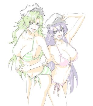 2girls bambietta_basterbine bare_shoulders bikini bleach bleach:_sennen_kessen-hen breasts candice_catnipp collarbone green_hair hat highres large_breasts long_hair looking_at_viewer military_hat mitsugu multiple_girls navel open_mouth purple_hair quincy_(bleach) shiny_skin sternritter string_bikini swimsuit tongue tongue_out white_background