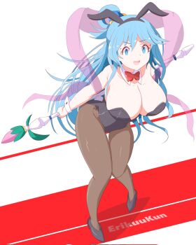 Rule 34 | 1girl, animal ears, aqua (konosuba), artist name, black leotard, black pantyhose, blue eyes, blue hair, breasts, commentary, english commentary, erikuukun, fake animal ears, fake tail, full body, high heels, highres, holding, holding staff, kono subarashii sekai ni shukufuku wo!, large breasts, leotard, long hair, pantyhose, pink ribbon, playboy bunny, rabbit ears, rabbit tail, ribbon, solo, staff, standing, strapless, strapless leotard, tail