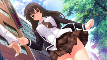 1boy 1girl black_hair black_jacket blue_sky blush breasts brown_necktie brown_skirt closed_mouth clothes_grab cloud cloudy_sky collared_shirt day from_below frown highres jacket kuroki_michi large_breasts long_hair long_sleeves looking_at_viewer looking_down necktie nora_to_oujo_to_noraneko_heart official_art oozora_itsuki open_clothes open_jacket outdoors red_eyes school_uniform shirt skirt sky solo_focus standing tree white_shirt wing_collar