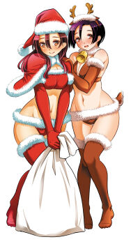 2girls absurdres animal_costume bare_shoulders bell bikini blush boots breasts brown_bikini brown_boots brown_gloves brown_tail capelet cleavage commentary_request elbow_gloves fake_antlers fake_tail full_body fur-trimmed_boots fur-trimmed_capelet fur-trimmed_gloves fur_trim gloves hat highres holding holding_sack kodera_aoi long_hair looking_at_viewer medium_breasts multiple_girls navel neck_bell open_mouth purple_hair red_bikini red_boots red_capelet red_eyes red_gloves red_hair red_hat reindeer_costume sack santa_bikini santa_costume santa_hat second-party_source short_hair simple_background smile sogabe_toshinori stomach swimsuit tail thigh_boots tsuruhashi_madoka white_background yankee_jk_kuzuhana-chan